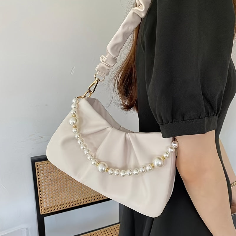 Elegant Faux Leather Shoulder Bag with Pearl Accents and Zipper Closure - Solid White Handbag with Fixed Strap and Polyester Lining