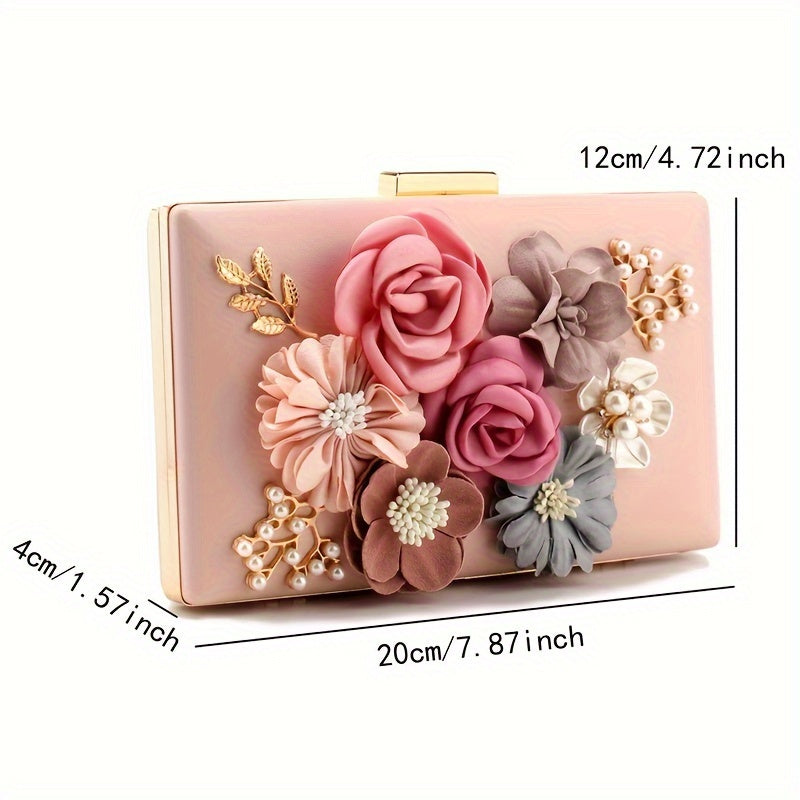 Luxurious Floral Pattern Evening Clutch Bag - Elegant Black Synthetic Leather Evening Bags with Detachable Chain Shoulder Strap, Beading Decoration, and Stylish Design for Formal Occasions