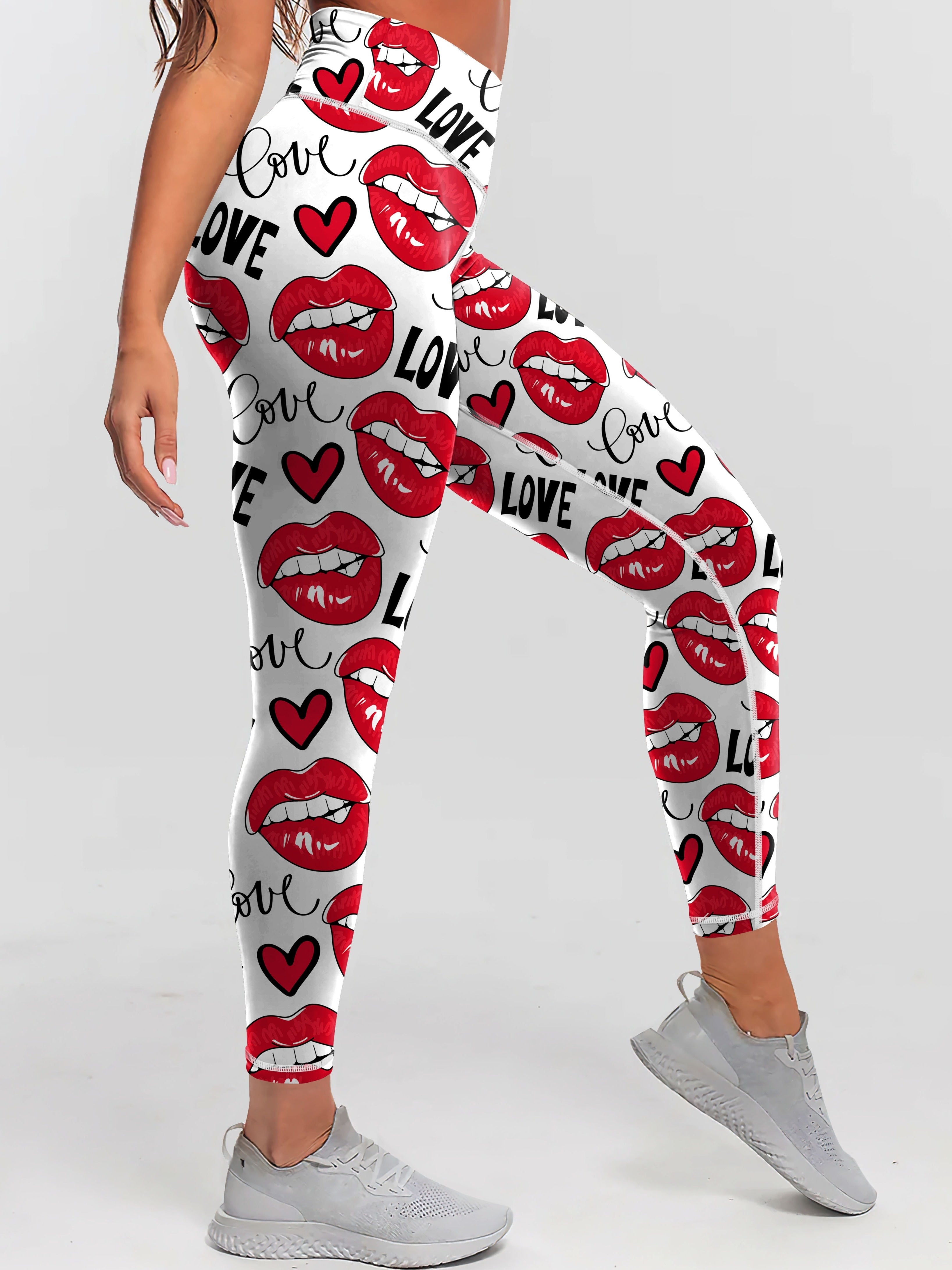 High Waist Elastic Women's Printed Valentine's Day Yoga Leggings, Love & Lipstick Tummy Control Casual Sports Pants, Comfortable Fitness Workout Running Athletic Style