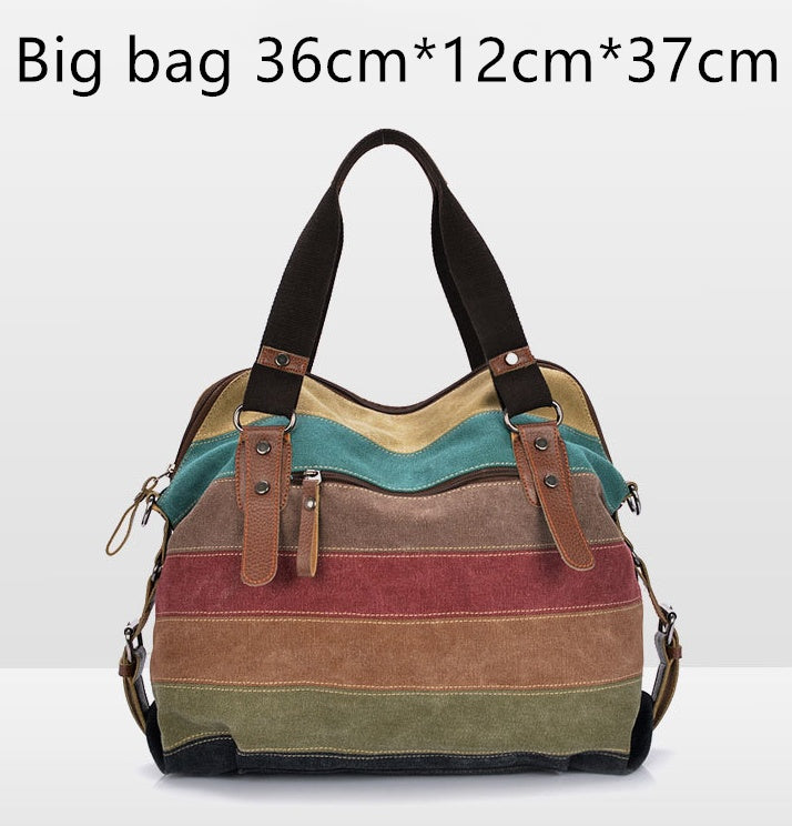 KVKY Brand Fashion Canvas Bag Brand Women Handbag Classic Patchwork Casual Female Shoulder Bags Striped Rainbow Purse Pouch-Aria Doejay