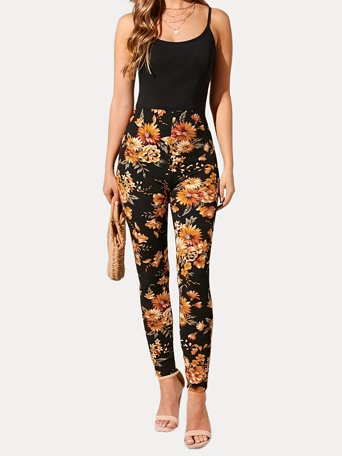 Casual Every Day Stretchy Floral Print Skinny Leggings, Women's Clothing