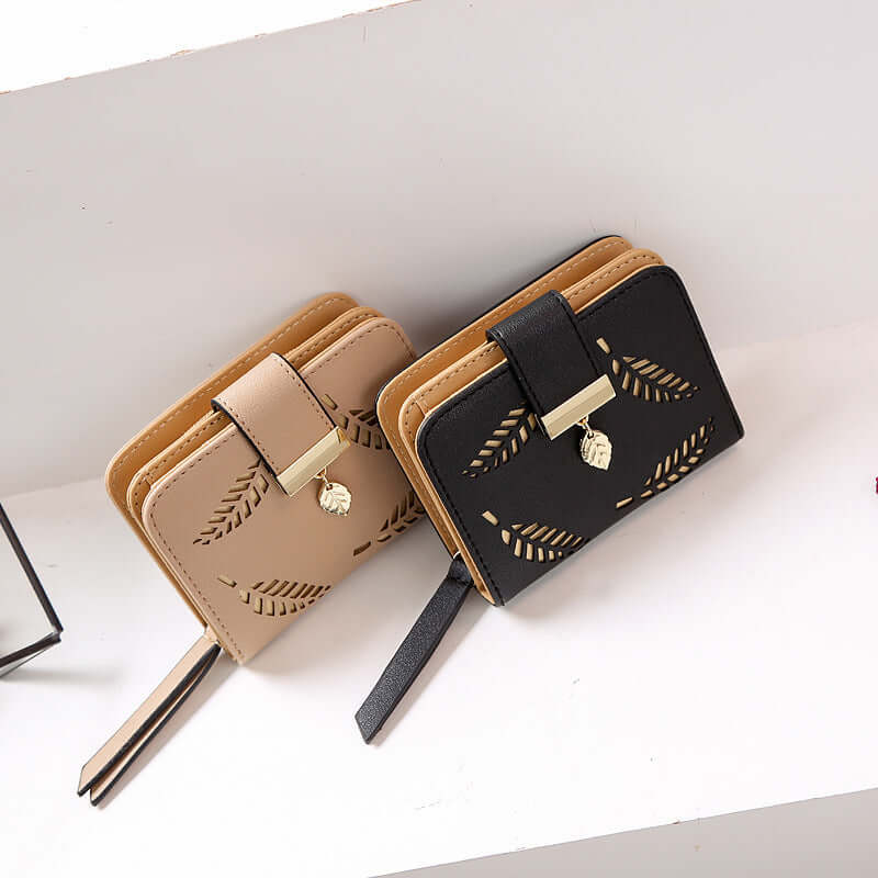 New Korean Women's Wallet Short Hollow Clutch Bag Leaf Zipper Buckle Bills Card Pack-Aria Doejay