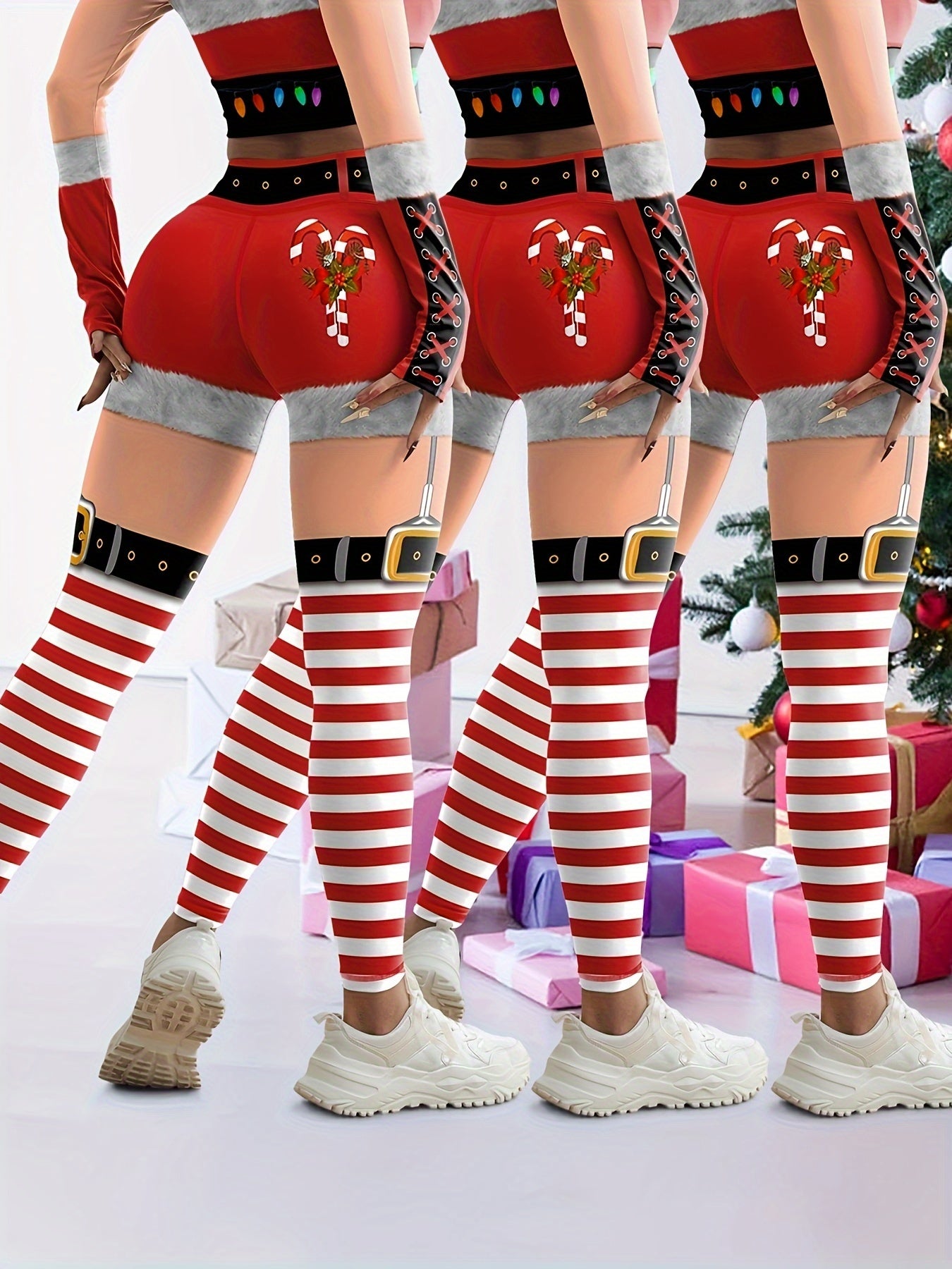 Festive Christmas Yoga Pants: High-Waisted, Long-Length, Knit Fabric, Polyester Blend, Suitable for All Seasons