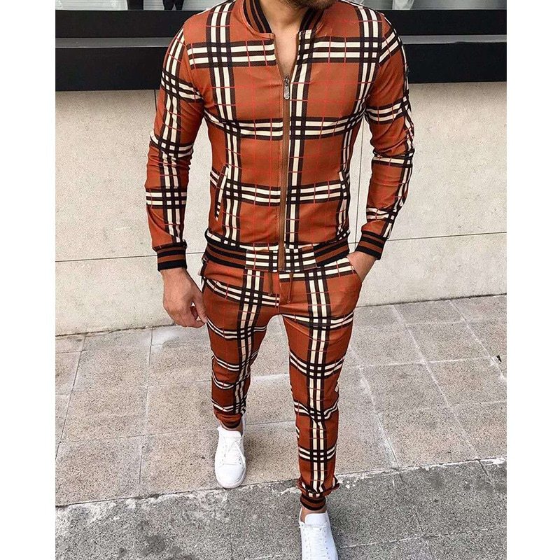 New Men's Leisure Suits Tracksuits Men Grid Two-piece Patchwork Zipper Tracksuits Small leg Trouser Sportswear New Man Sets-Aria Doejay