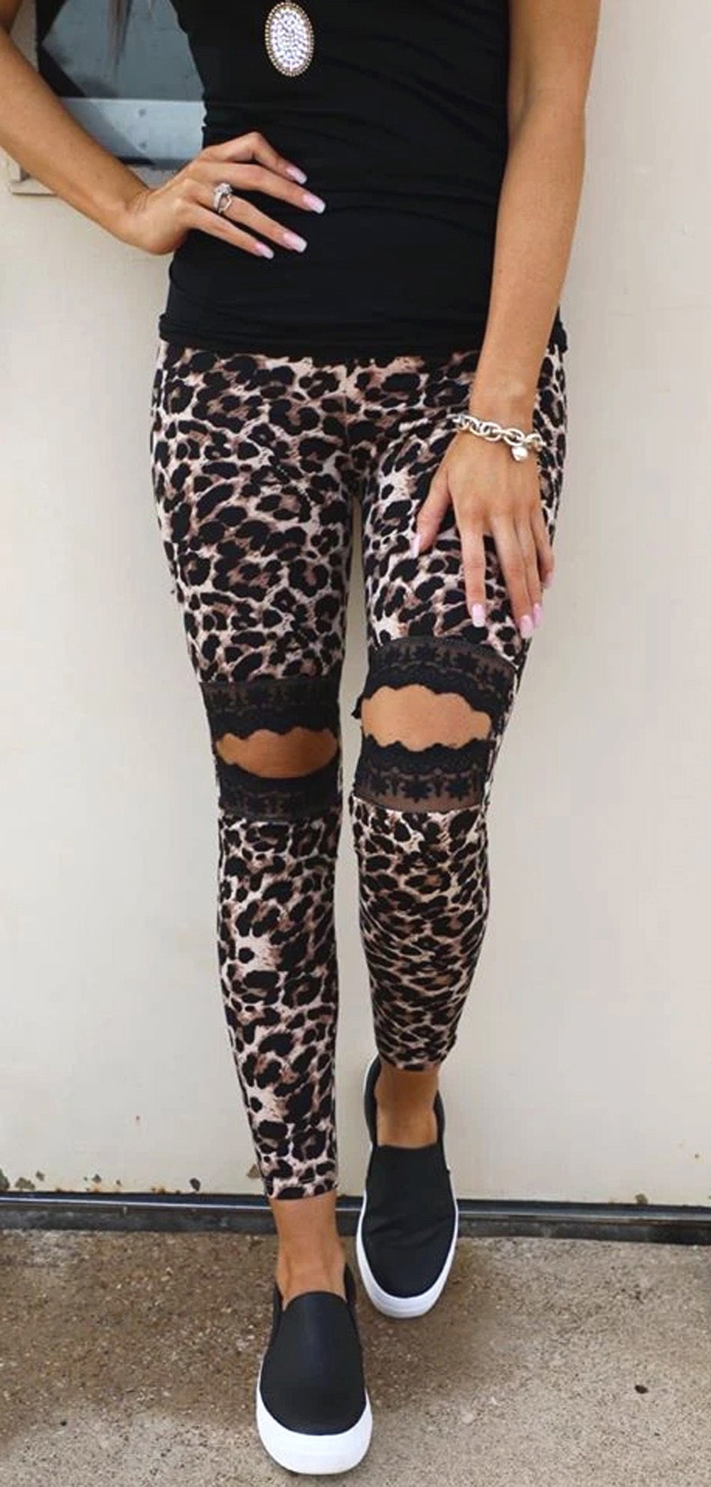 Hollow lace leopard leggings-Aria Doejay