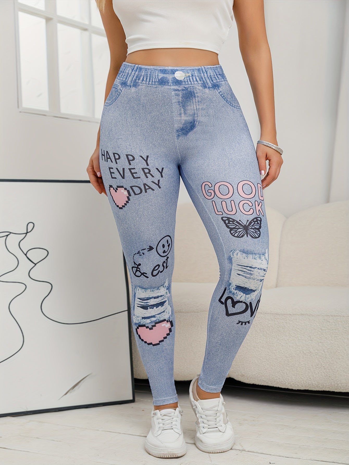 Women's High-Waisted Denim Leggings with Alphabet Print, Heart & Butterfly Pattern, Elastic Band Closure, Long Length, Casual Style, 100% Polyester, Comfortable Knit Fabric, Adult Fit