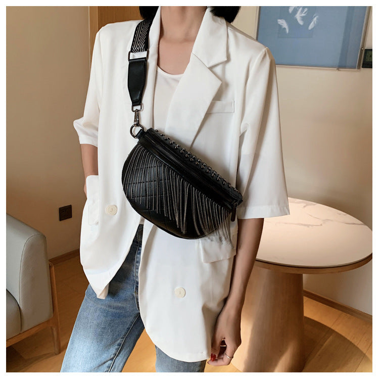 Fashion Solid Color Rivet Tassel Chest Bag