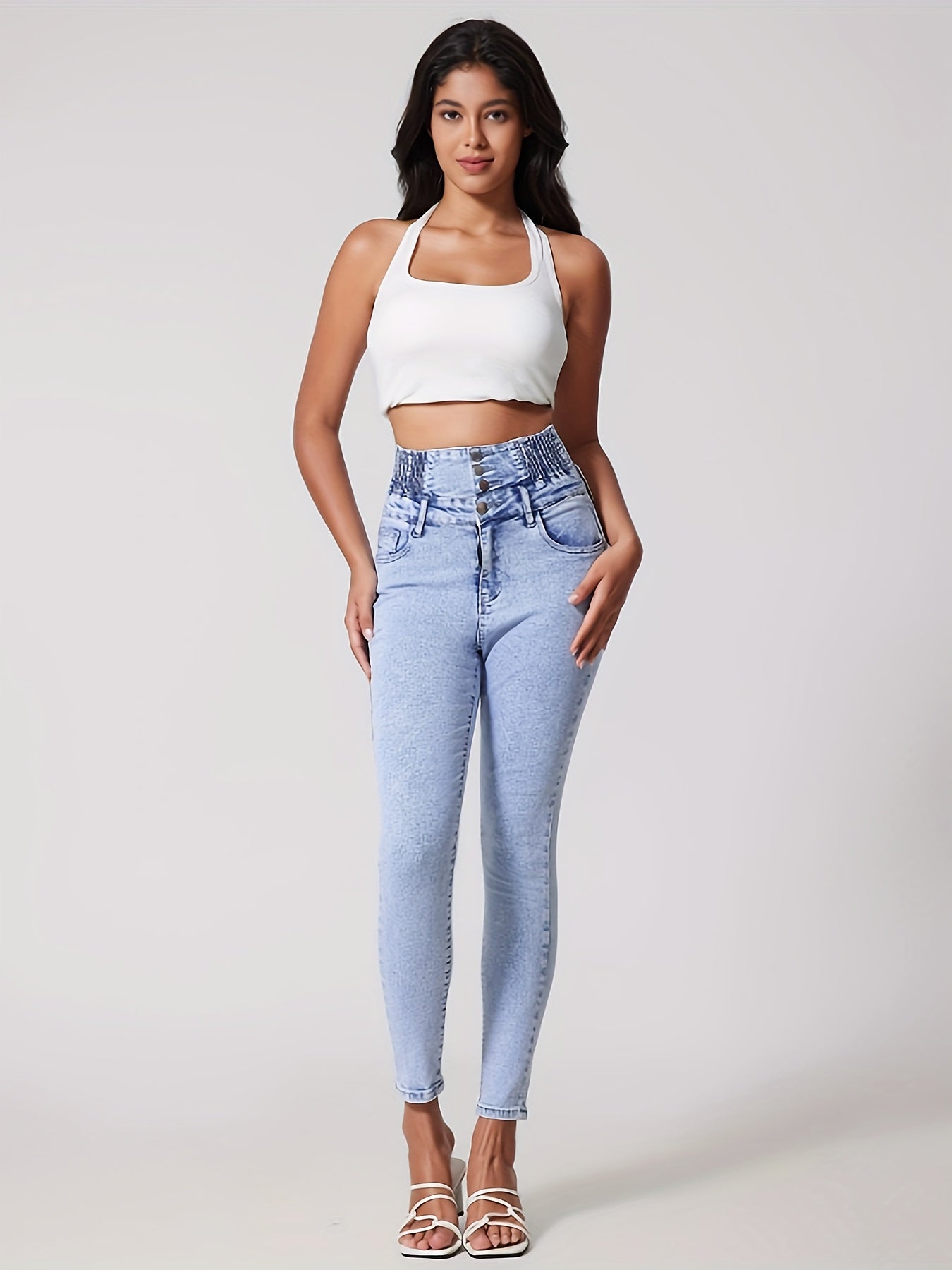 Women's High Waist High-Waisted Stretchy Jeans With Elastic Waistband, Cotton Polyester Blend, Relaxed Fit, Machine Washable