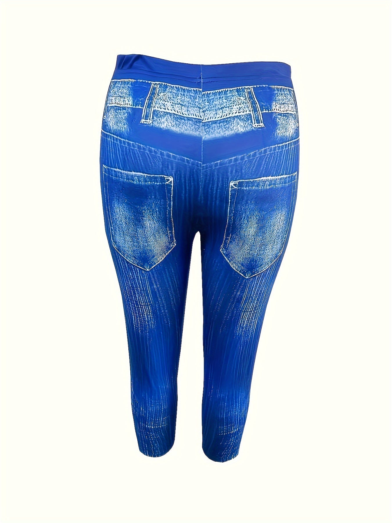 Plus Size Sporty Leggings Women's Plus Denim Print High Rise Slight Stretch Capri Leggings