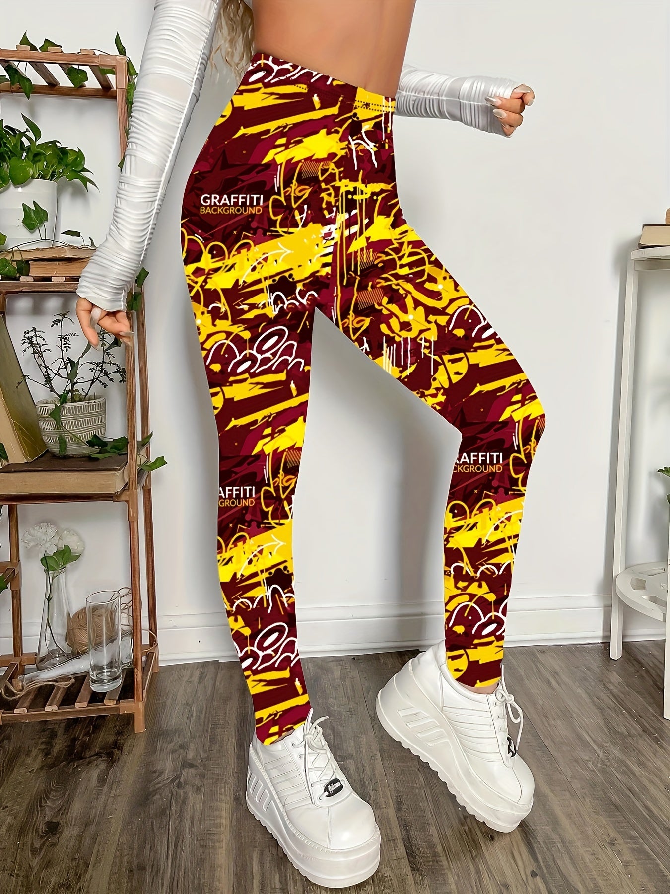 Casual Skinny Leggings, Graffiti Print Every Day Stretchy Women's Clothing