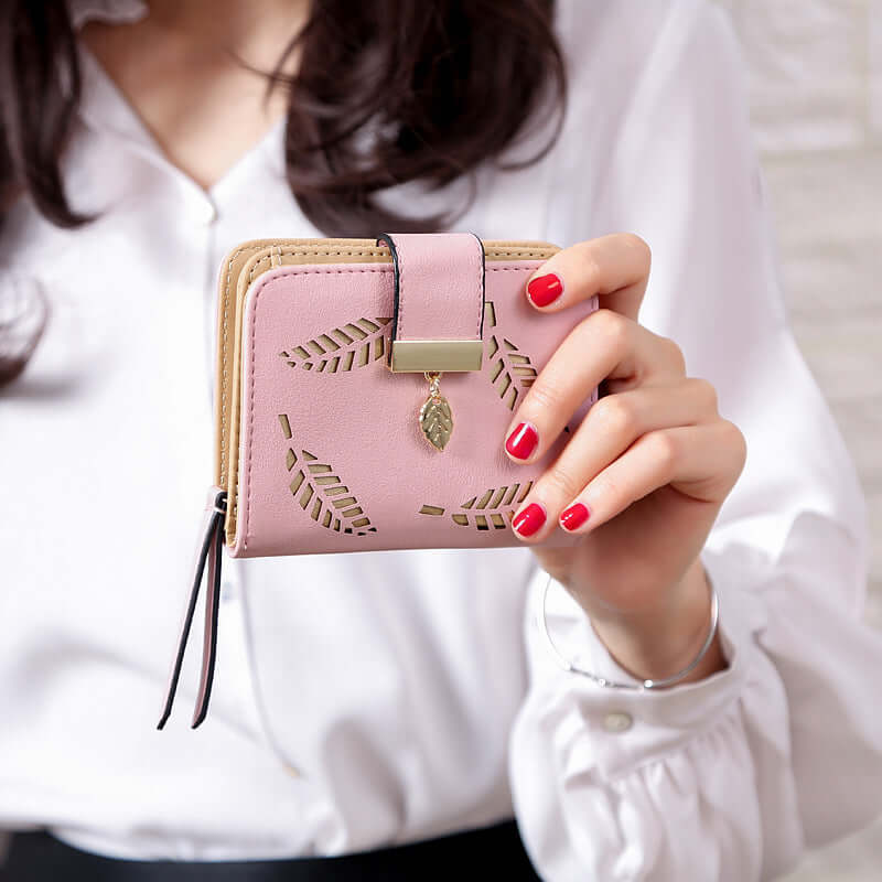 New Korean Women's Wallet Short Hollow Clutch Bag Leaf Zipper Buckle Bills Card Pack-Aria Doejay