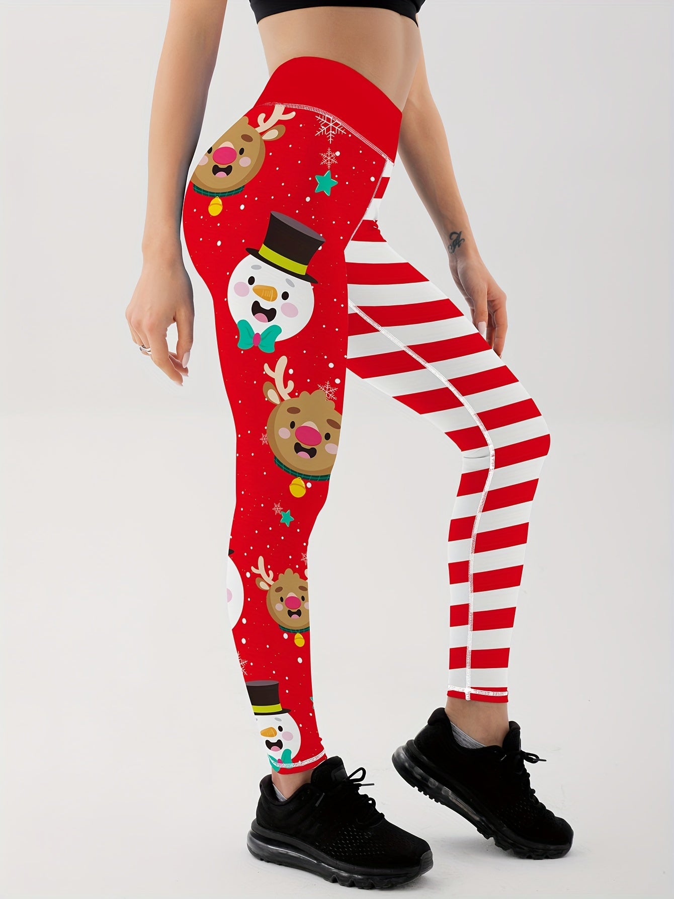 Christmas Snowflake Deer Print Sports Leggings, High Stretch Running Yoga Fitness Pants, Women's Activewear