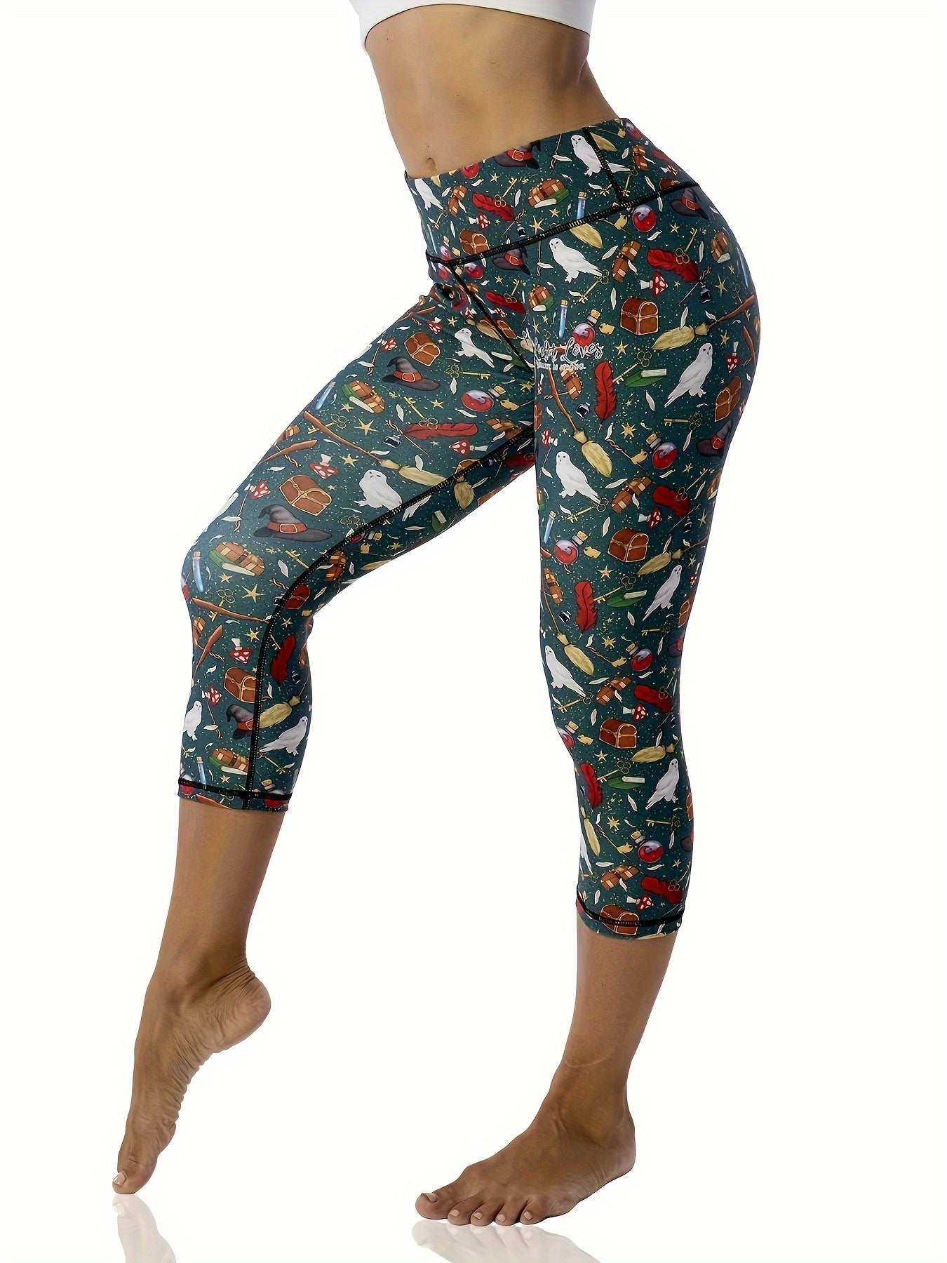 Birds Allover Print Yoga Capri Pants For Women, Tummy Control Butt Lifting Sports Capri Leggings With Zipper Back Pocket, Women's Activewear