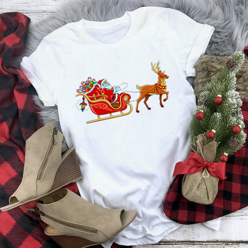 Christmas Lady Short-sleeved T-shirt Cartoon Santa Claus Print Street Casual T-shirt-Aria Doejay