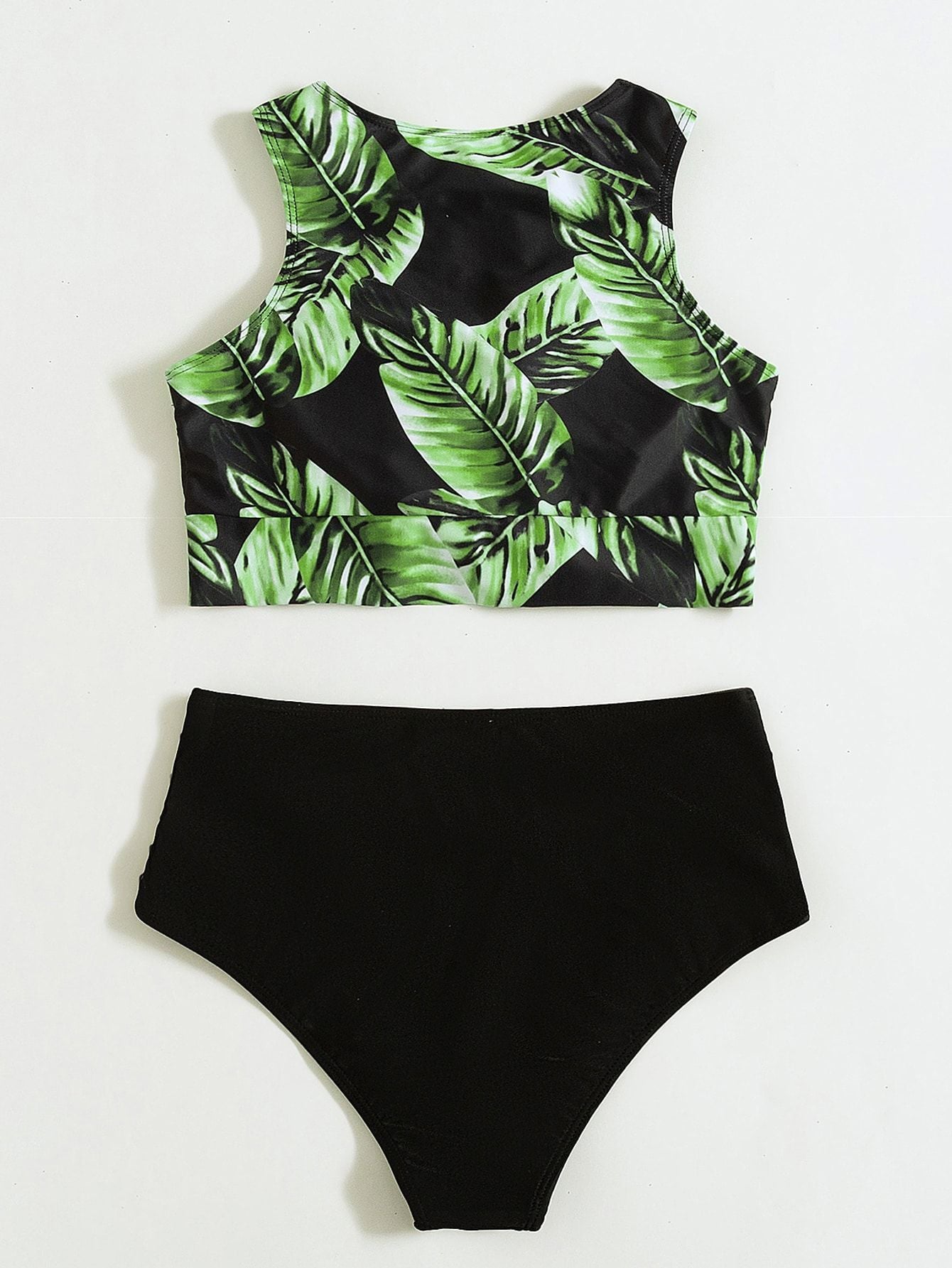 Leaf Print Bikini Women's High Waist Tank Top Split Swimsuit-Aria Doejay