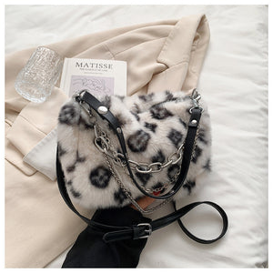 Winter Plush Bags Chain Shoulder Bag Women Flowers Print Handbags