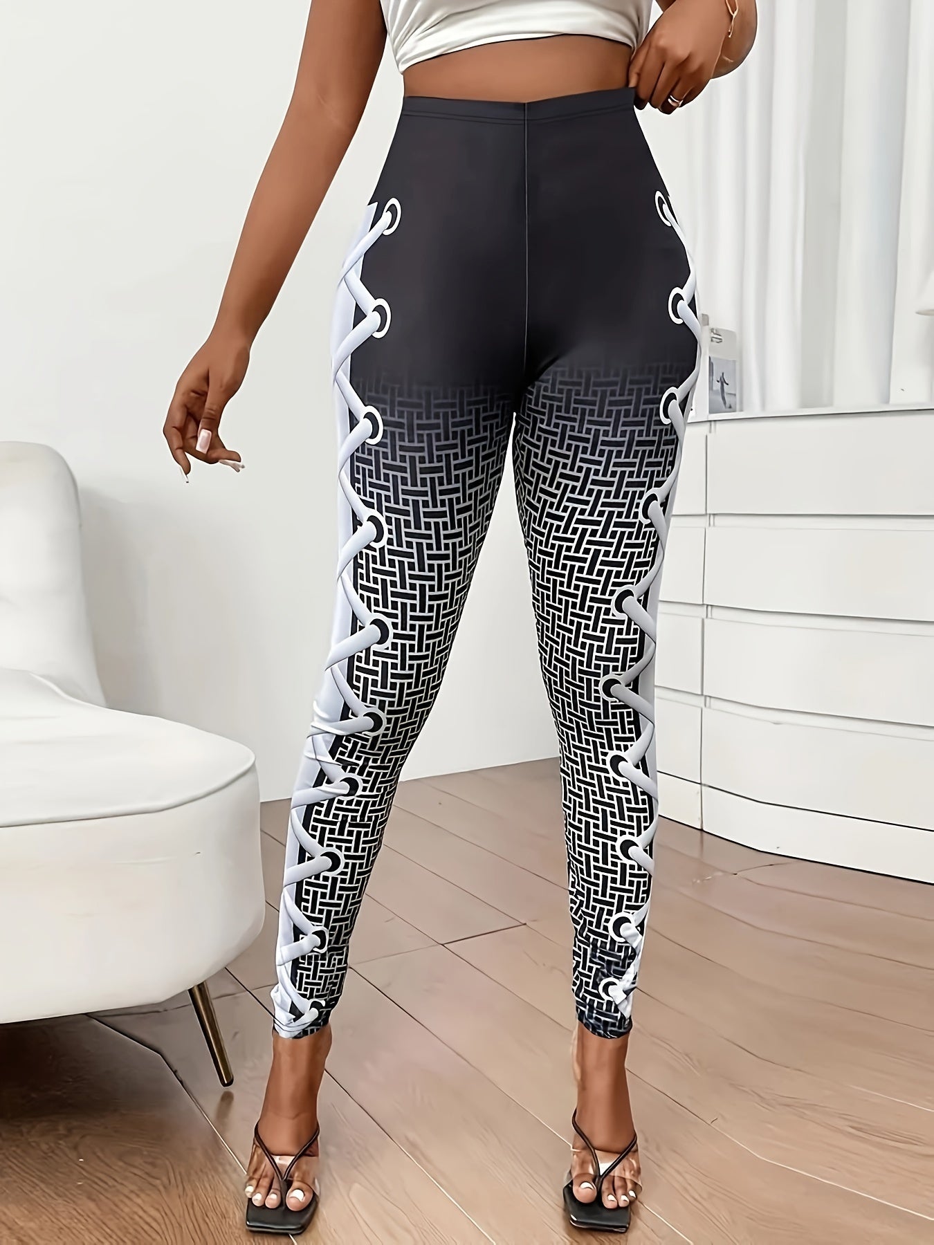 Stylish Geo Print Skinny Leggings - High Waist, Stretchy, Gradient Color, Every Day Wear, Comfortable, Fashionable Women's Clothing