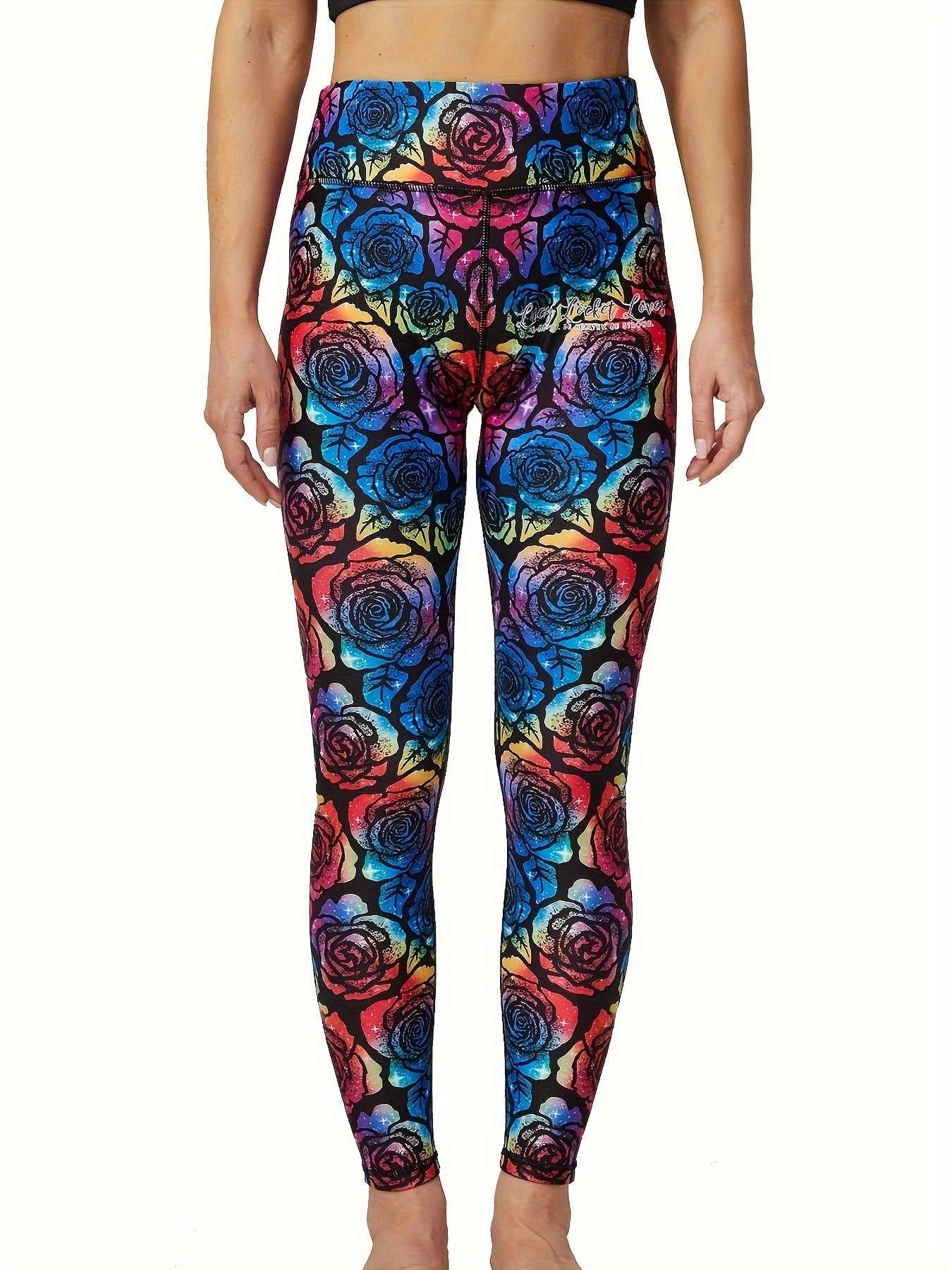 Women's Yoga Leggings, Flower Graphic Sports Tights, Slimming Tummy Control, Booty Lift, With Rear Zip Pocket, Basic Style Athletic Wear