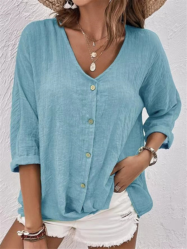 Cross-border New Arrival Women's V-neck Buttons Chiffon Cardigan Long Sleeve-Aria Doejay