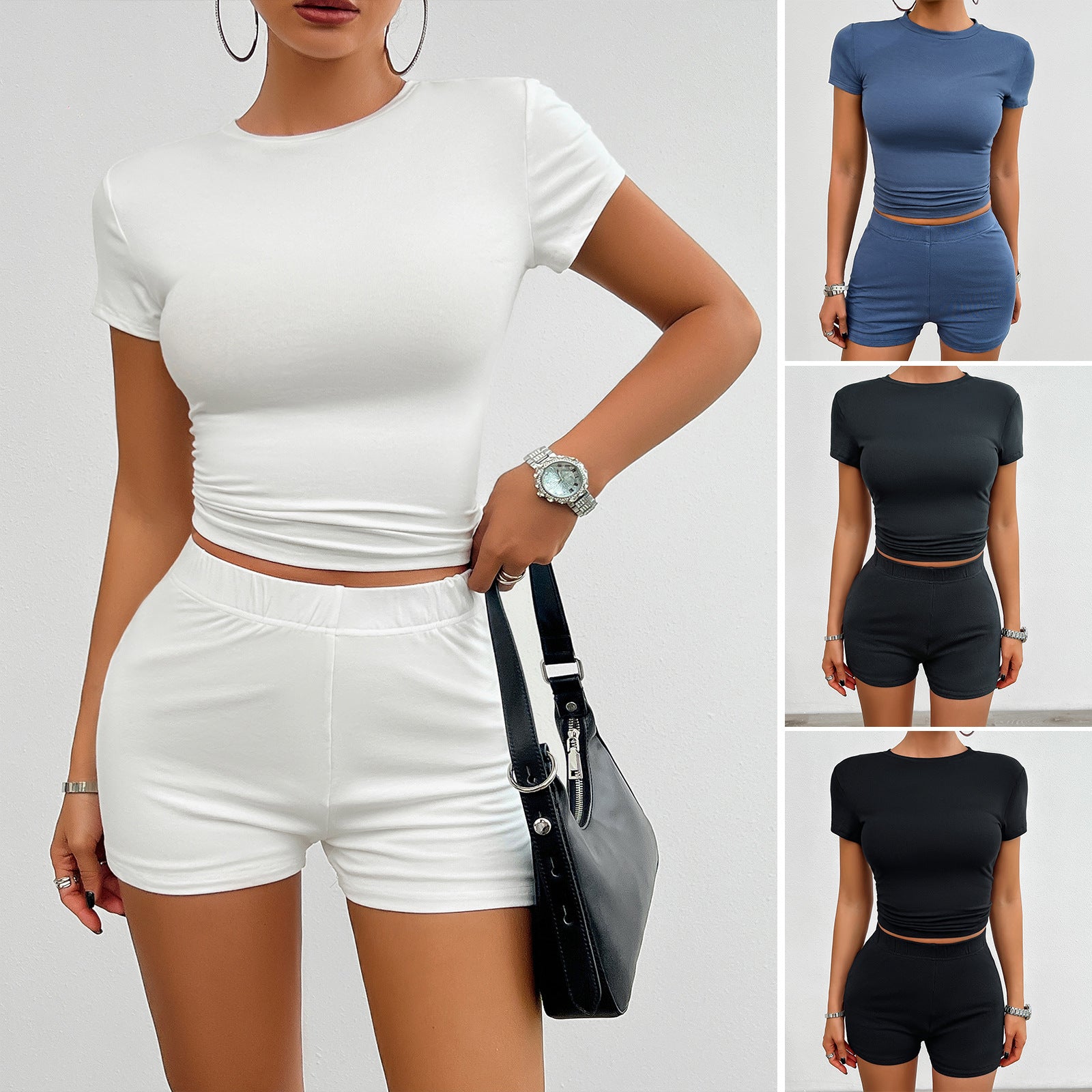 Solid Color Slim Sports Suit Summer 2Pcs Short-sleeved Round Neck T-shirt And Elastic Shorts Fashion Womens Clothing-Aria Doejay