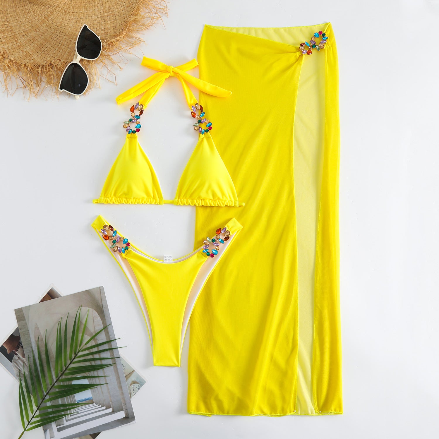 Light Diamond Solid Color Long Skirt Mesh Three Piece Swimsuit Bikini-Aria Doejay