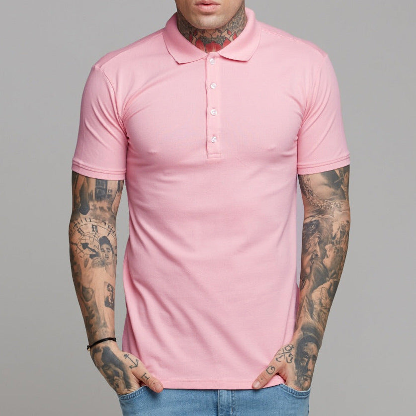 Solid Color Stand Collar Men's Casual Short Sleeve-Aria Doejay