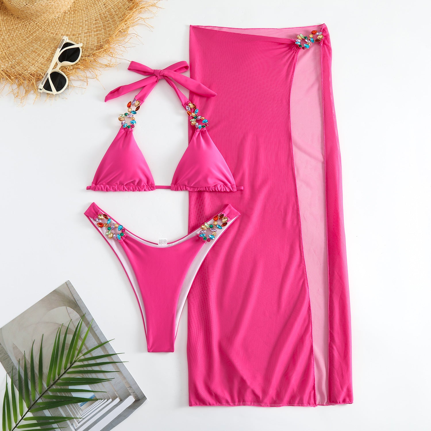 Light Diamond Solid Color Long Skirt Mesh Three Piece Swimsuit Bikini-Aria Doejay