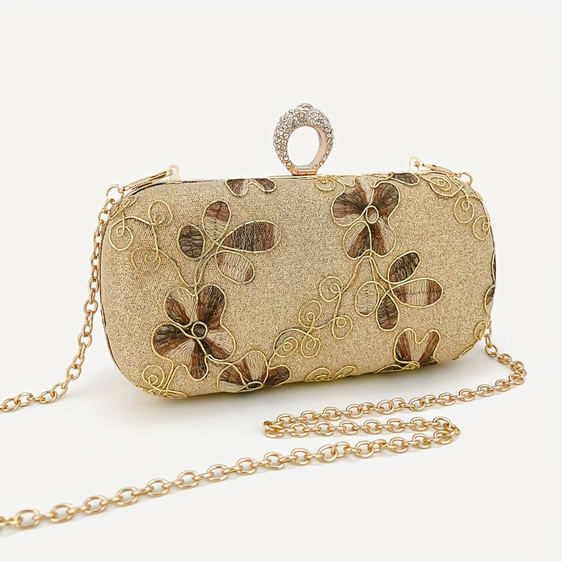 Golden Evening Clutch Purse, Classic Floral Embroidered Dinner Bag, Formal Banquet Bag For Wedding Party Prom