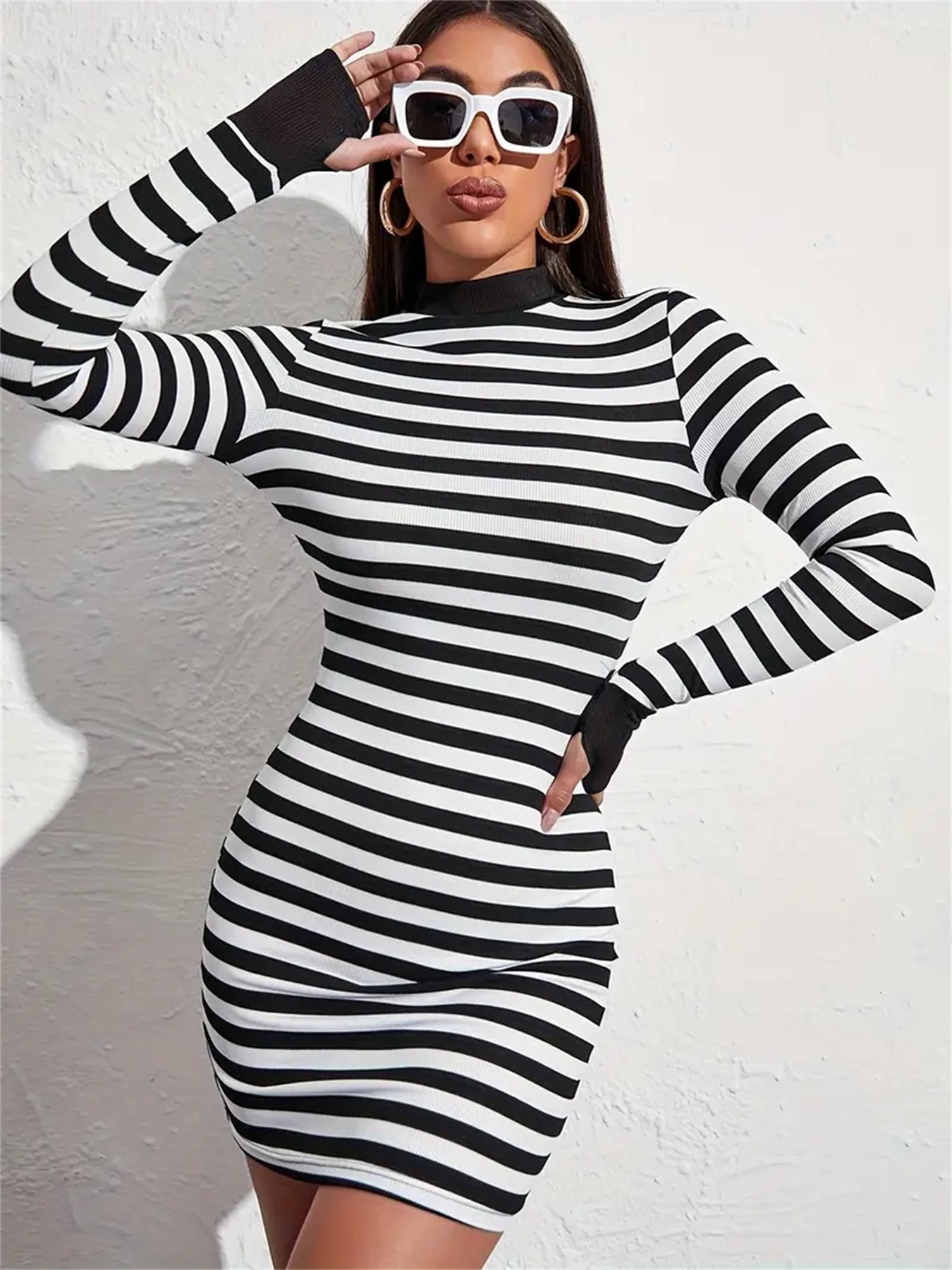 Striped Slim Long Sleeve Dress, Elegant Mock Neck Mini Dress For Summer & Spring, Women's Clothing-Aria Doejay