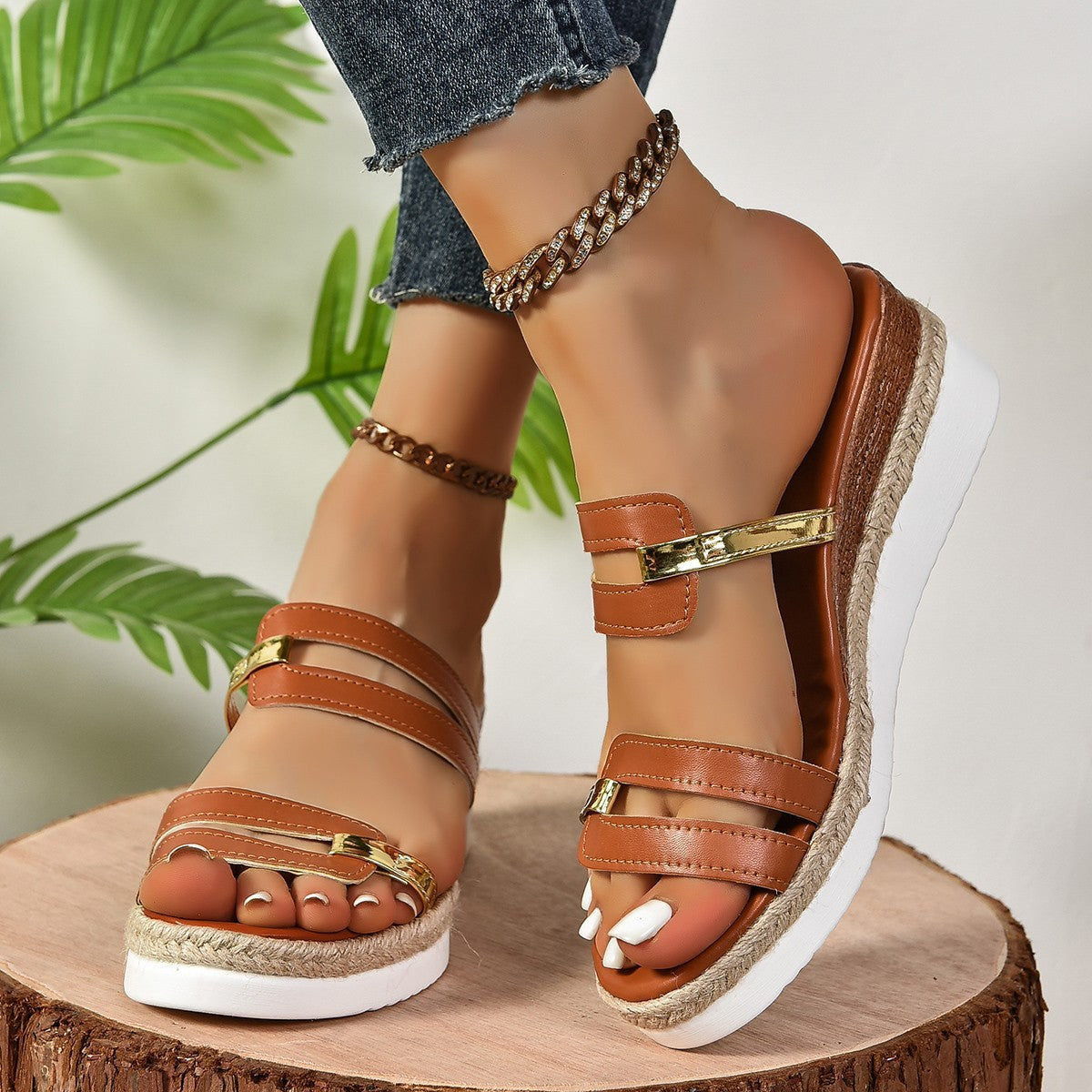 Colorblock-strap Wedges Sandals Summer Fashion Hemp Heel Slides Slippers Outdoor Thick Bottom Fish Mouth Shoes For Women-Aria Doejay