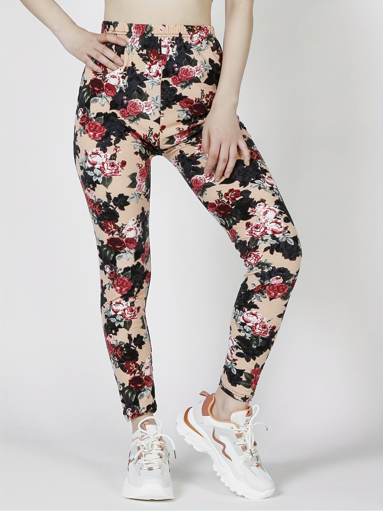 Casual Elastic Waist Floral Print Skinny Leggings, Stretchy Women's Clothing