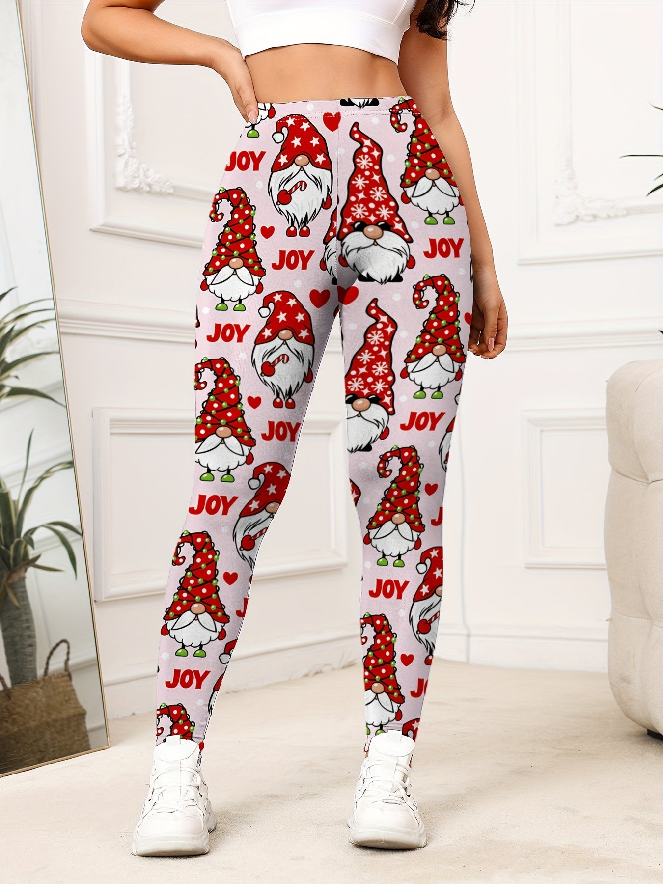 Festive Pink Santa Claus Print High-Waist Leggings - Stretchy, Slim Fit with Letter JOY Design for Women's Activewear