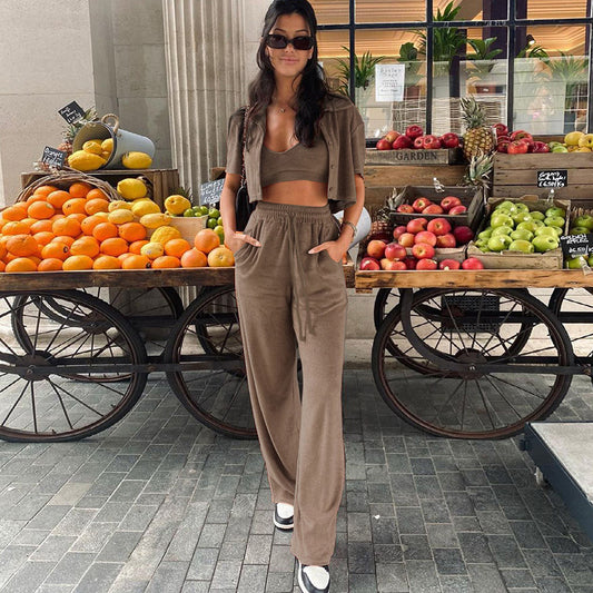 Women's New Summer Fashion Short-sleeved Tops Wide-leg Pants Suits-Aria Doejay