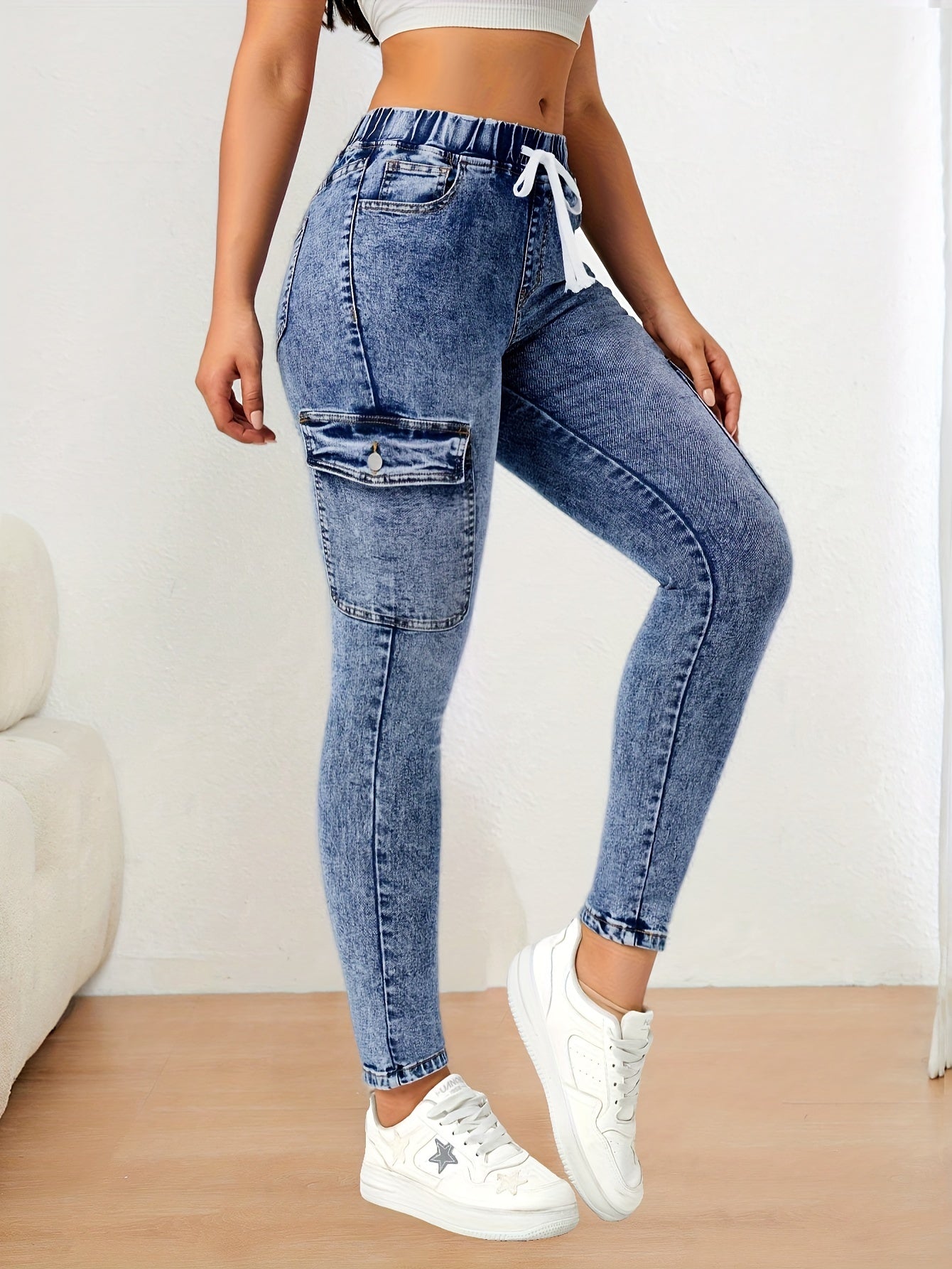 Women's High Stretch Skinny Jeans with Drawstring Waist and Pockets, Cotton Blend Denim, Solid Color Street Style for All Season - Long Length Casual Weekend Pants