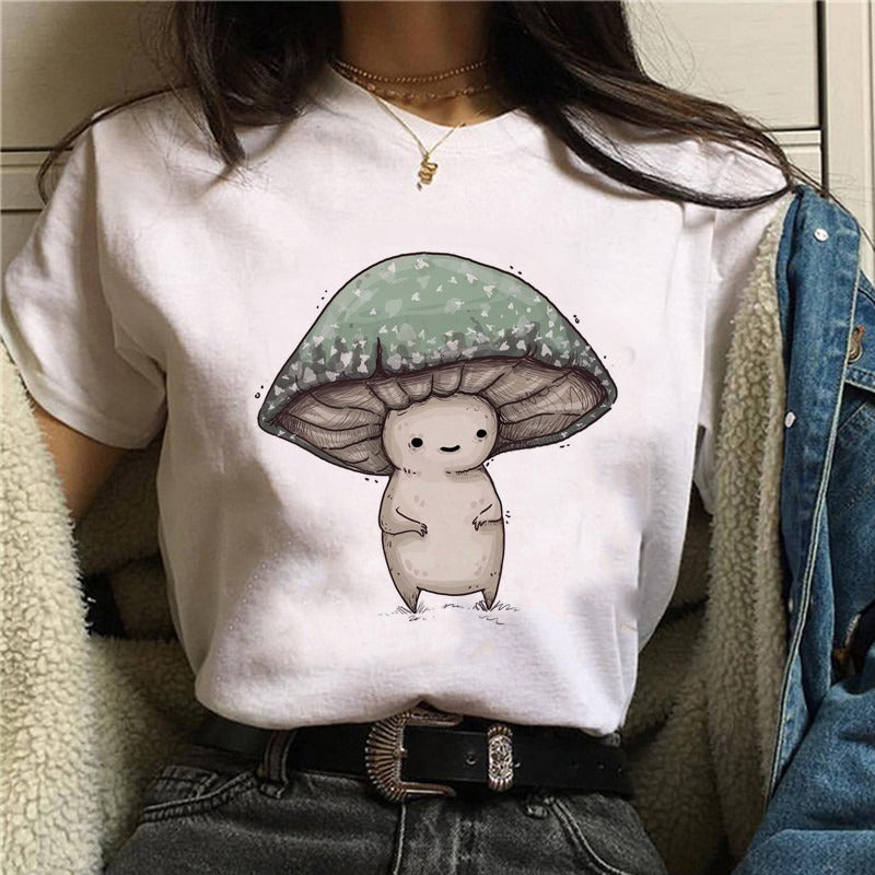 Cartoon Cat Mushroom Halloween Print T-shirt Short Sleeve-Aria Doejay