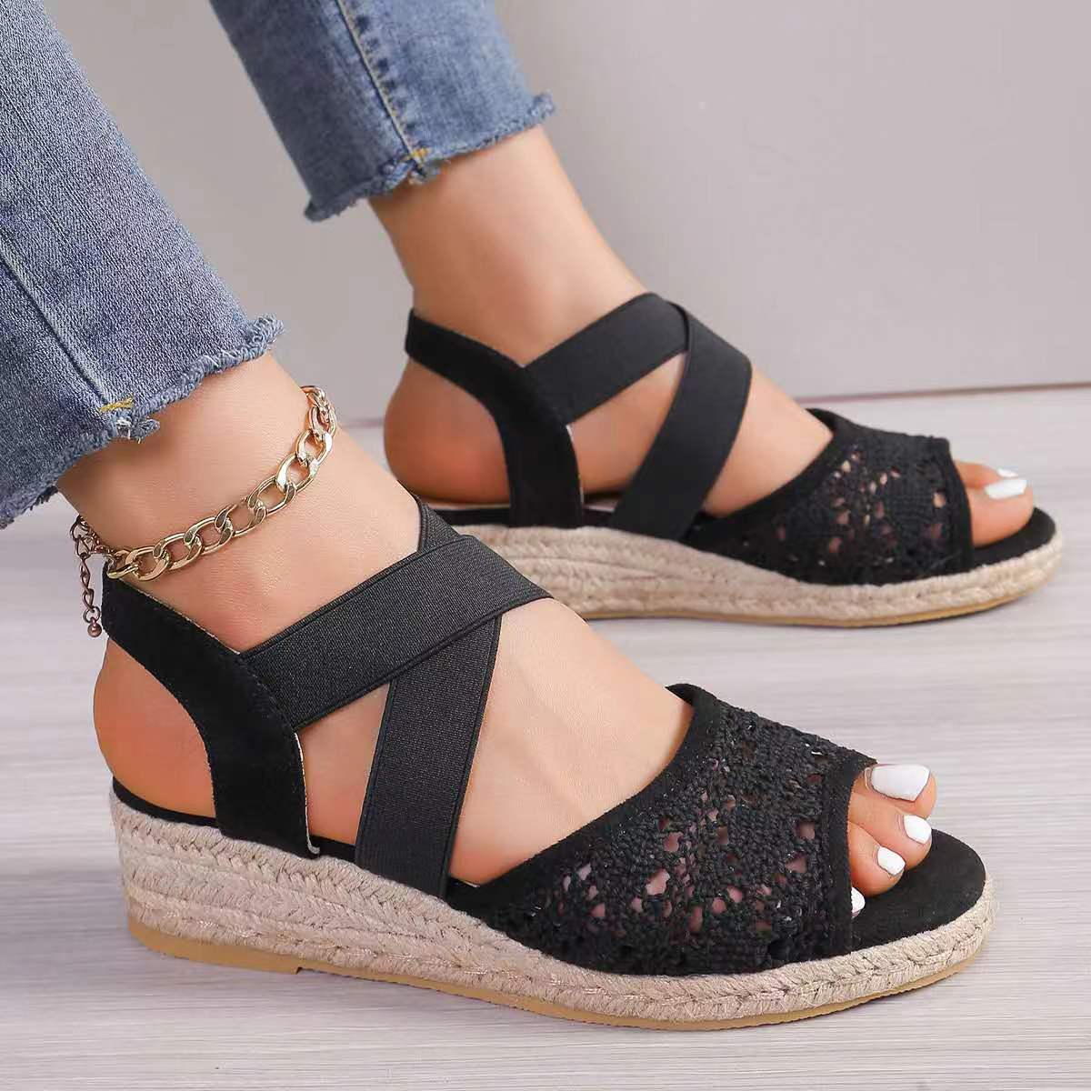 Lace Hollow Sandals Summer Fashion Hemp Wedges Shoes Women-Aria Doejay