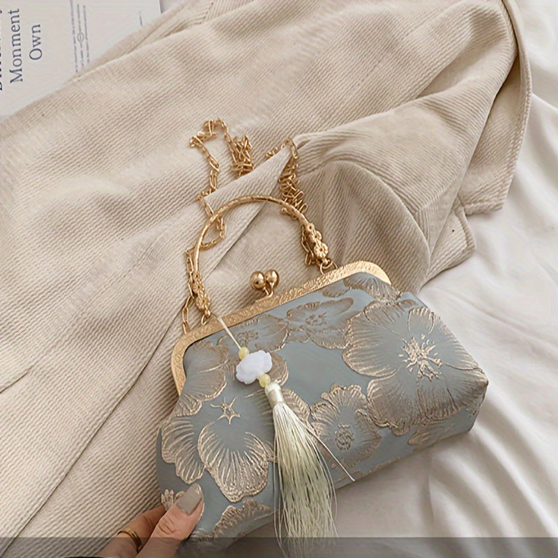 Elegant Floral Print Evening Clutch with Chain Strap - Chic Women's Dinner Bag, Polyester Lined