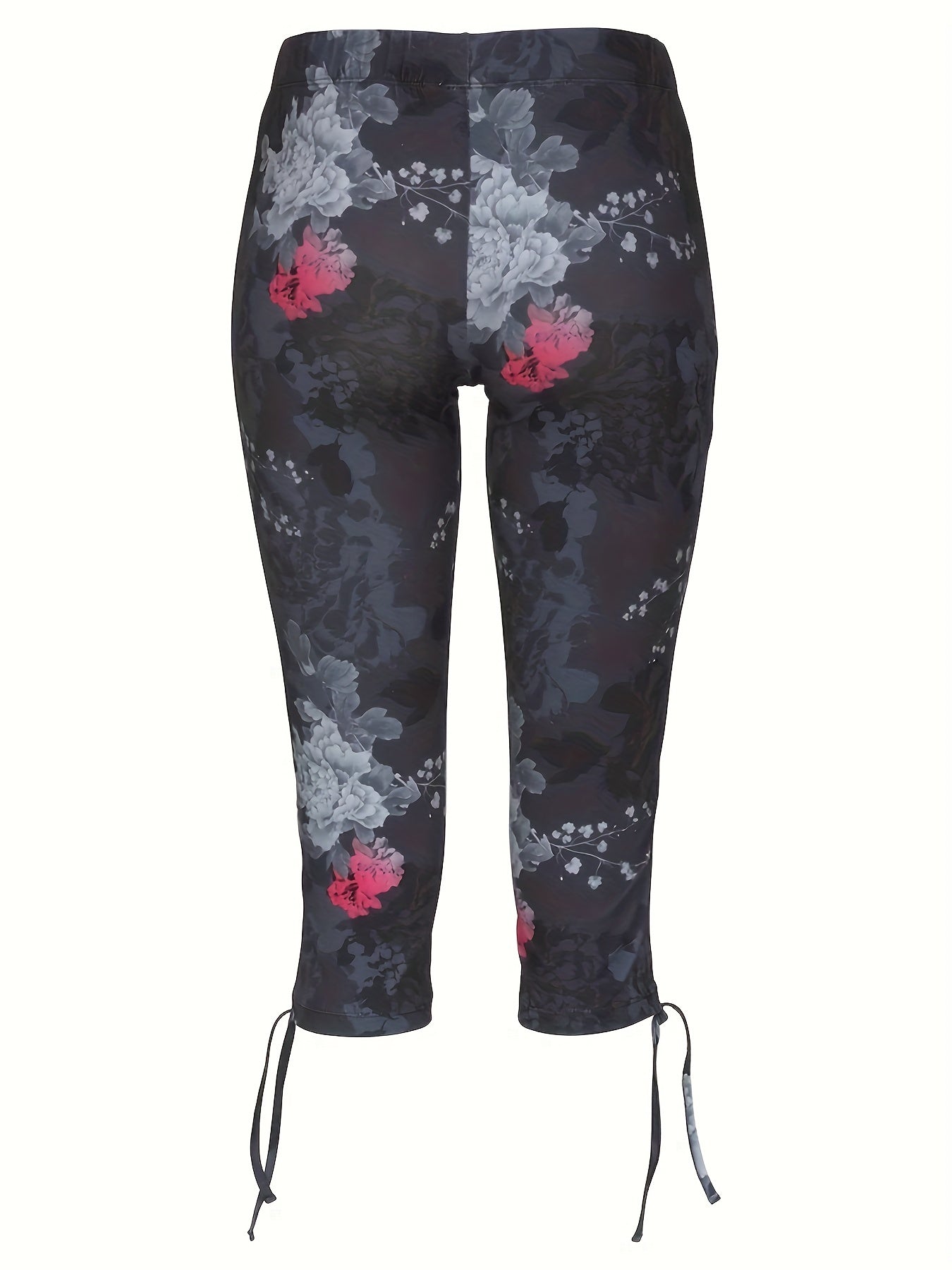 Plus Size Floral Print Lace Up Capri Leggings - Slight Stretch, Slim Fit, Comfortable, Breathable, Soft Fabric - Perfect for Casual Daily Wear