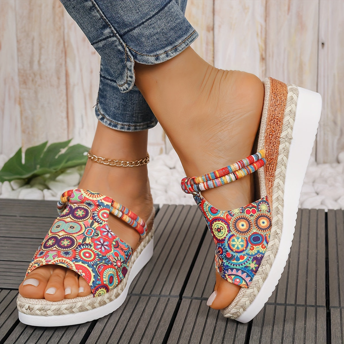 Vibrant Colorful Mandala Wedge Sandals - Slides with Comfortable Platform, Slip-On Design, Stylish Vacation Shoes for Beach, Pool, and Summer Fun - Perfect for Women's Comfortable Walking and Relaxation