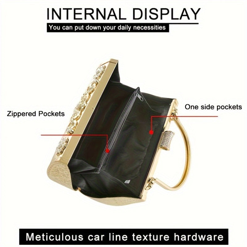 Elegant Golden Clutch Handbag with Rhinestones, Geometric Pattern, Polyester Lining, PU Material, Anti-Stain, Non-Washable, Detachable Shoulder Strap, Fashionable Evening Purse for Women