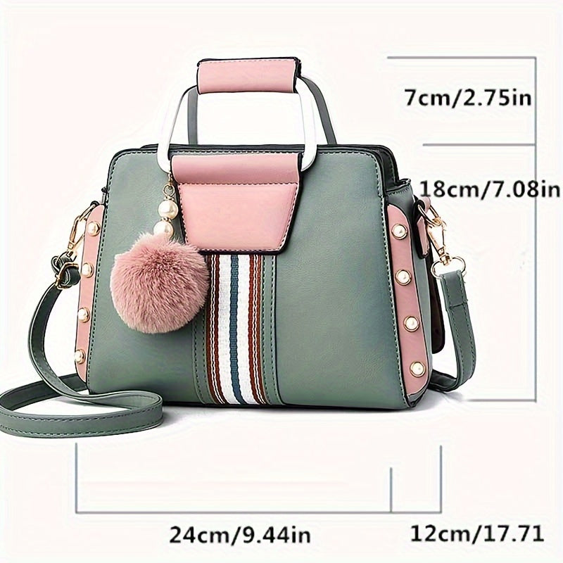 New Korean Style Versatile Shoulder Bag, Colorblock Satchel Bag With Pom Pom Decor