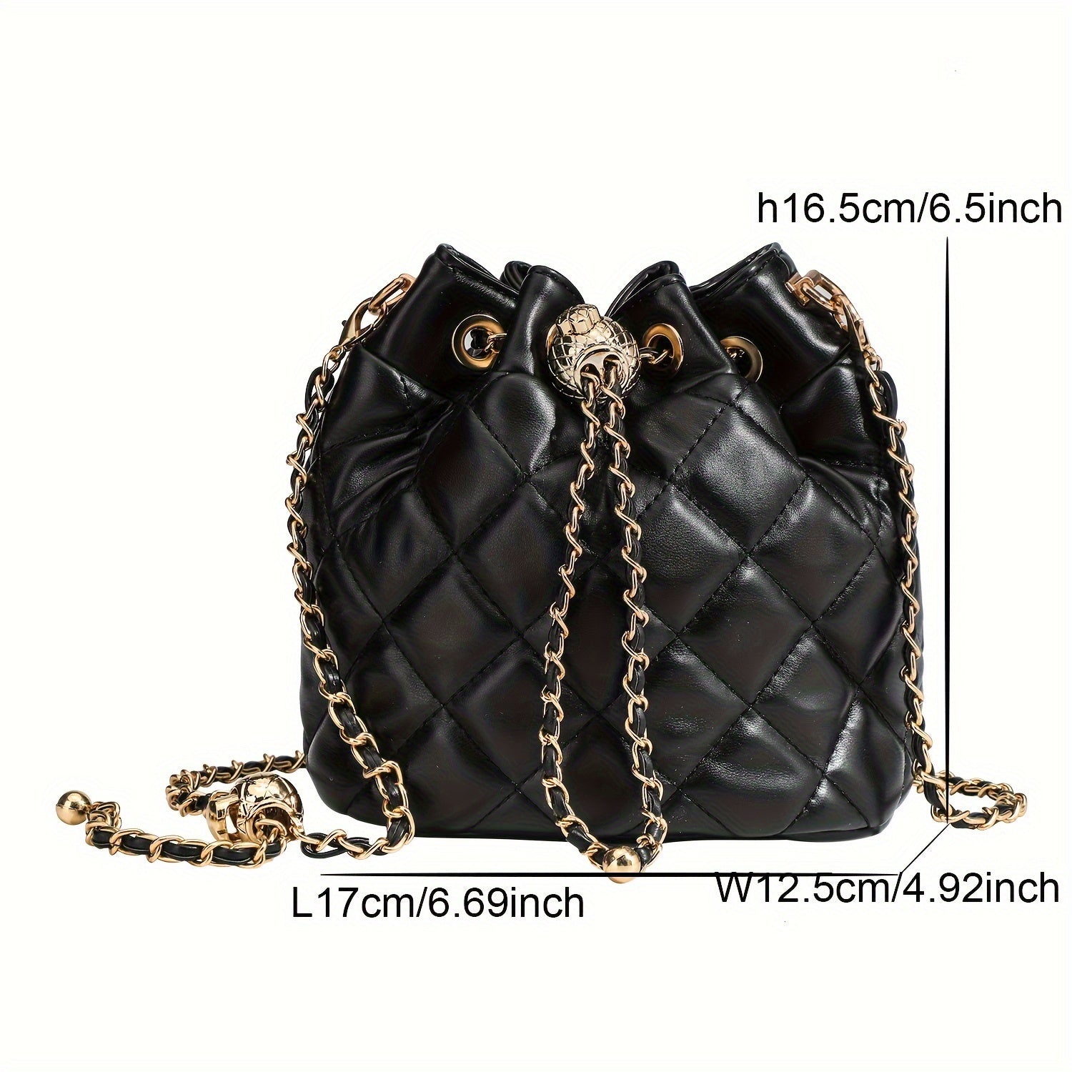 Women's Black Quilted Crossbody Bag with Chain Strap, Vintage Style, PU Leather, Hand Wash Only, Solid Color, Drawstring Closure, Polyester Lining, Faux Leather Trim