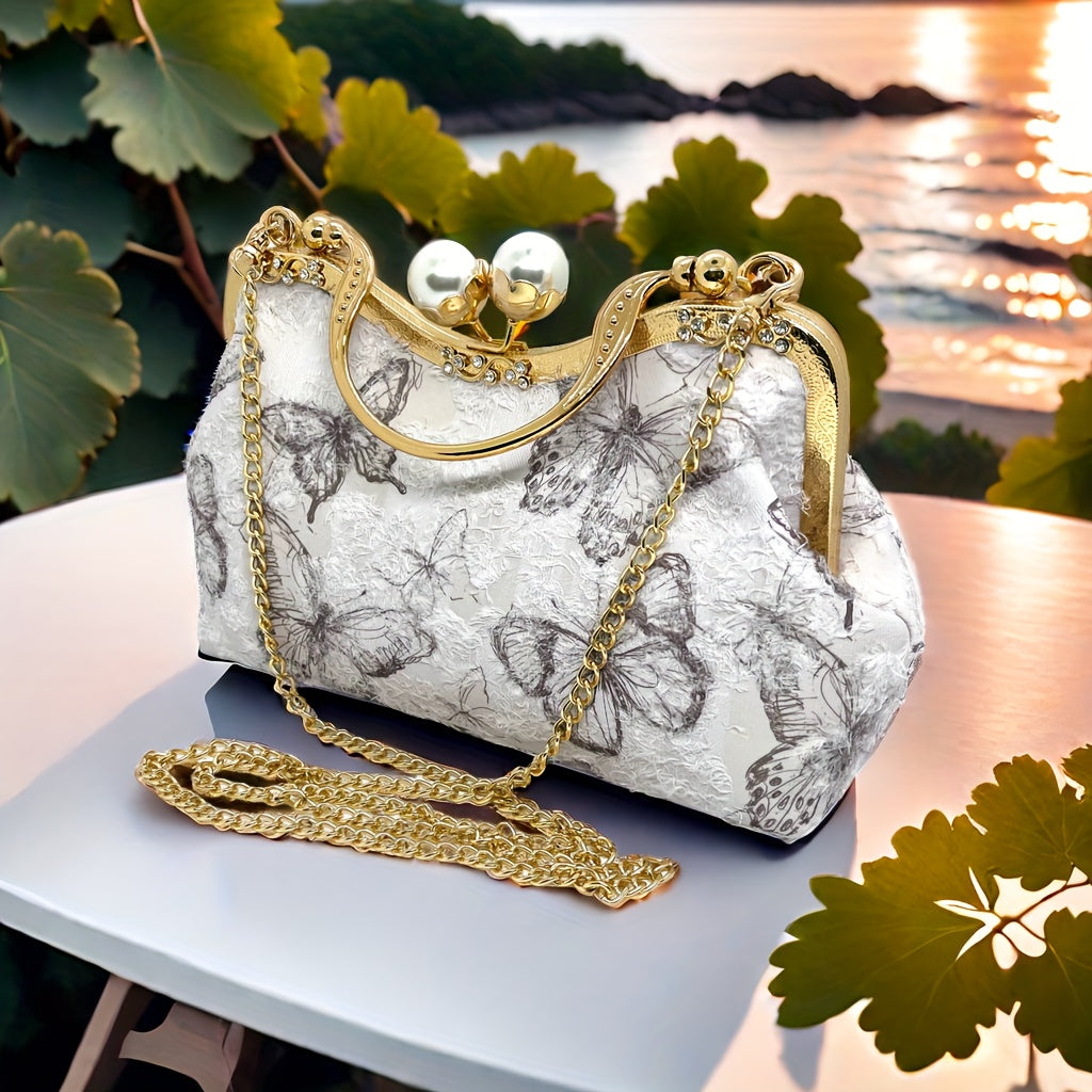 Luxurious White Butterfly Embroidery Evening Bag For Women, Medium Size, Removable Shoulder Strap, Pearl Golden Kiss Lock, Clutch, With Colin Bag