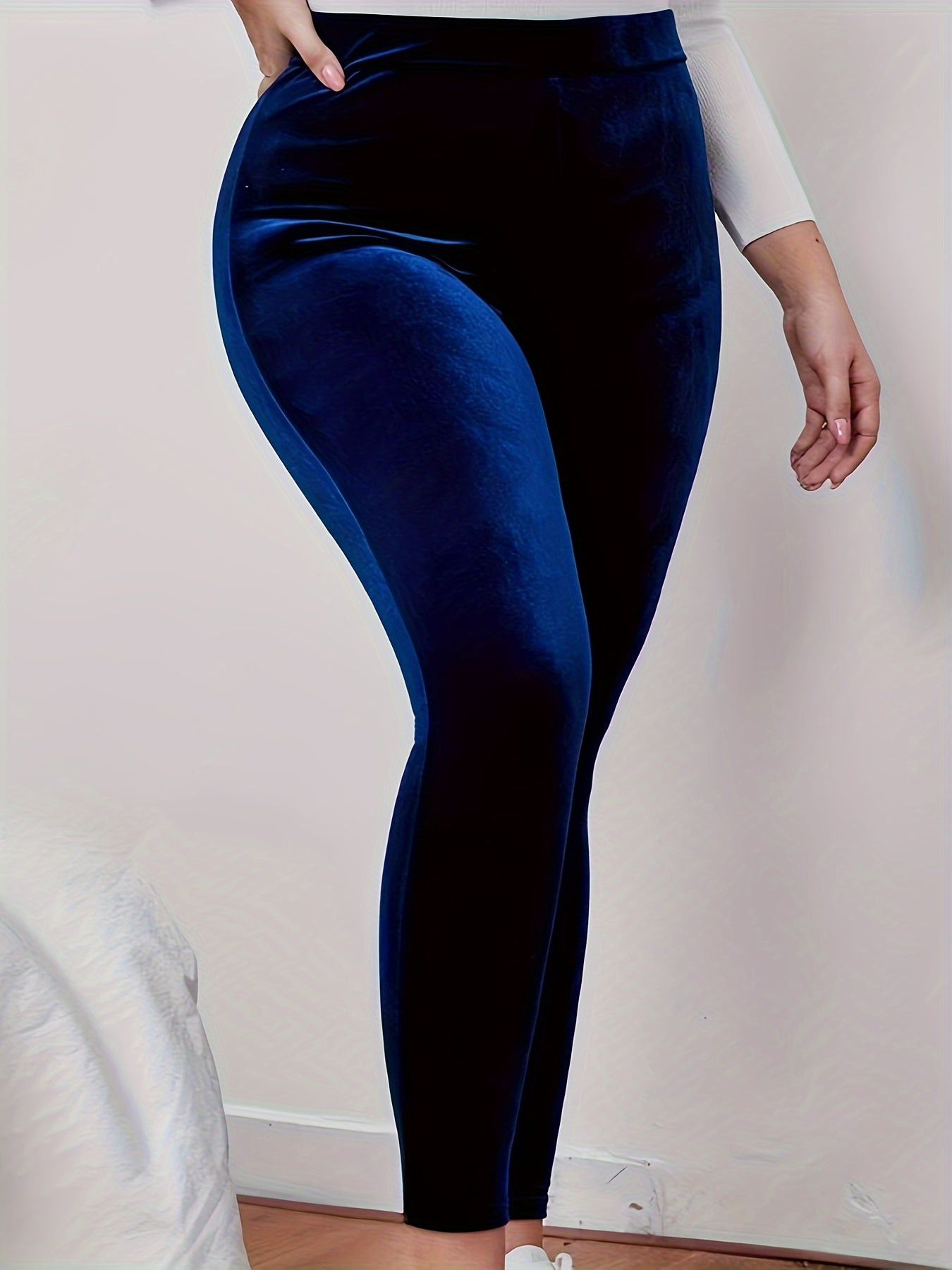 Plus Size High Waist Velvet Leggings for Women - Polyester, Elastic Skinny Fit, Knit Fabric, Casual Style, Solid Color, Medium Stretch for Fall/Winter