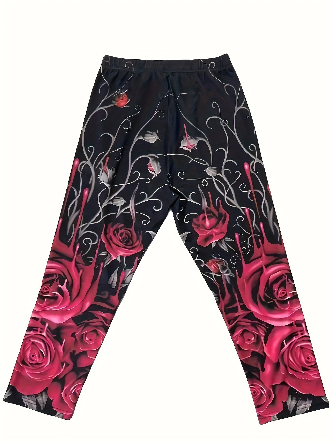 Plus Size Flower Print Capri Leggings, Casual High Waist Stretchy Leggings For Spring & Summer, Women's Plus Size Clothing