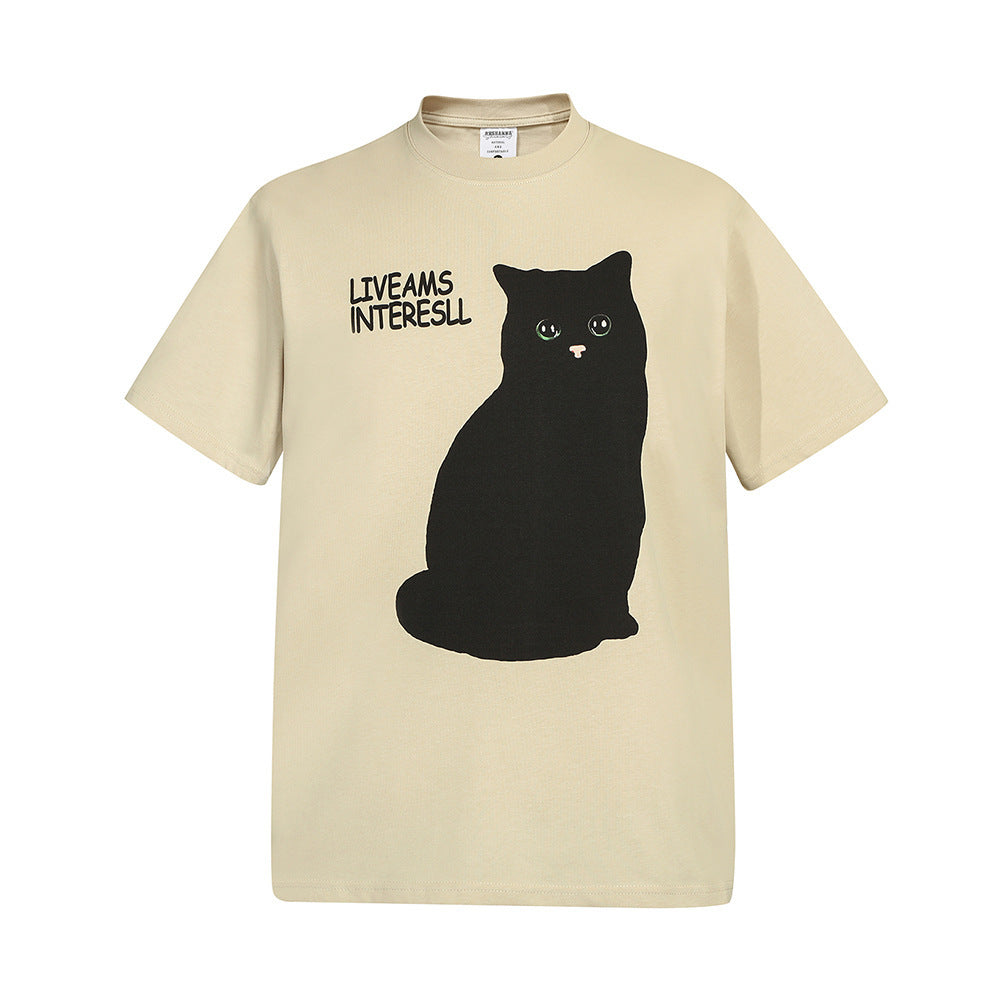 Black Cat Printed Short-sleeved T-shirt For Men-Aria Doejay