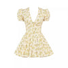 V-neck Puff Sleeve Dress Yellow Flowers Print French Style Sweet Pleated Dresses Womens Clothing-Aria Doejay