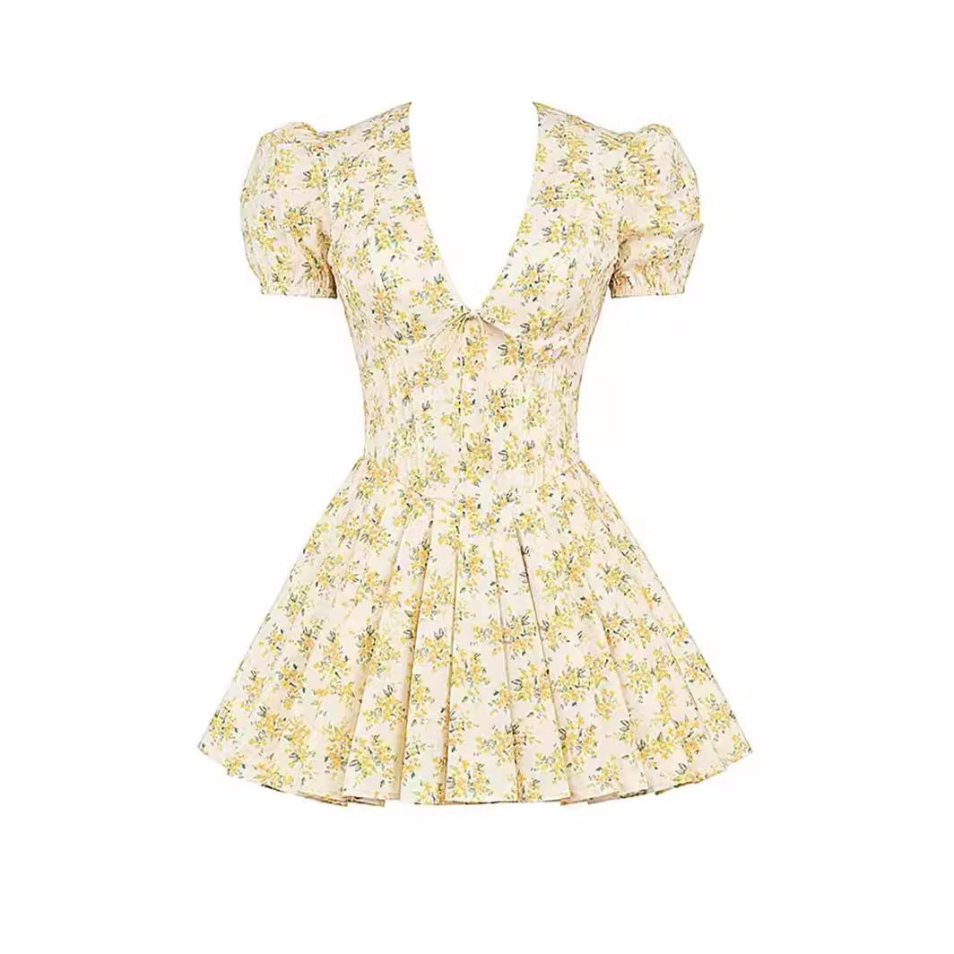 V-neck Puff Sleeve Dress Yellow Flowers Print French Style Sweet Pleated Dresses Womens Clothing-Aria Doejay