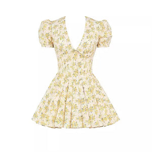 V-neck Puff Sleeve Dress Yellow Flowers Print French Style Sweet Pleated Dresses Womens Clothing-Aria Doejay