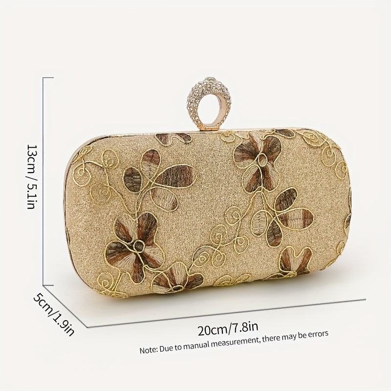 Golden Evening Clutch Purse, Classic Floral Embroidered Dinner Bag, Formal Banquet Bag For Wedding Party Prom